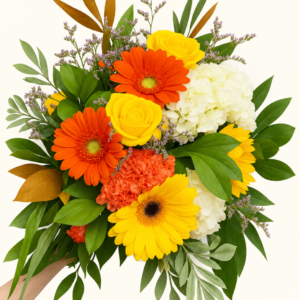 Bouquet d’automne avec roses jaunes, gerberas orange et jaunes, hortensias blancs sur fond ivoire