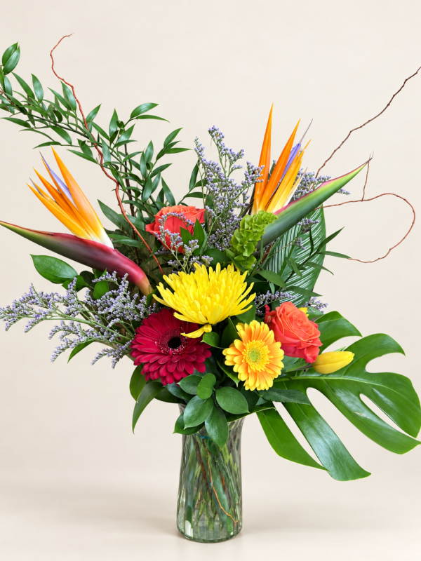 Bouquet l’ensoleillé avec oiseaux de paradis et fleurs jaunes dans un vase sur fond neutre