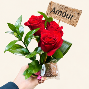 Combo 3 roses rouge, affiche amour et chocolat au choix sur fond ivoire