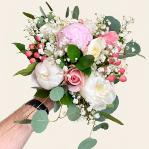 Bouquet Mariée Rose et Pivoines sur fond ivoire