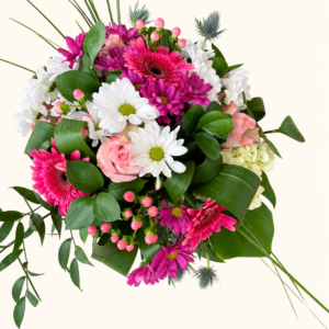 Bouquet Ho la la, fleurs roses et blanches et feuillage sur fond crème pâle