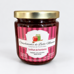 Pot de confiture de framboises Compliments de Belle-Maman 250 ml sur fond gris pâle