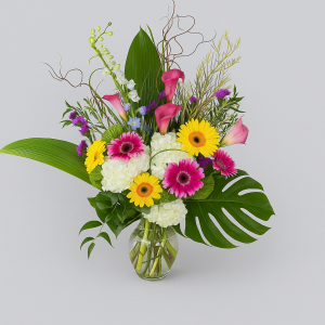 Corbeille de fleurs, avec vase et fleurs au choix de notre équipe