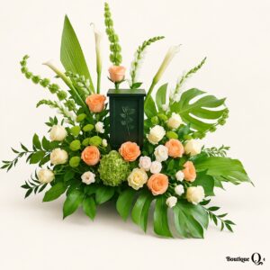 Montage urne B6 avec roses pêche, fleurs blanches et urne verte sur fond ivoire, logo original Boutique Q4