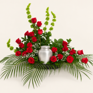 Montage urne Une multitude de roses rouges sur fond ivoire