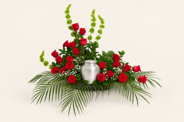 Montage urne Une multitude de roses rouges sur fond ivoire