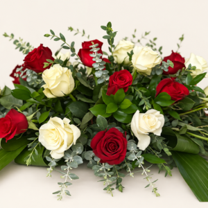 Coussin de cercueil roses rouges, roses blanches eucalyptus sur fond ivoire