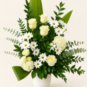 Corbeille de fleurs le splendide blanc et vert sur fond ivoire