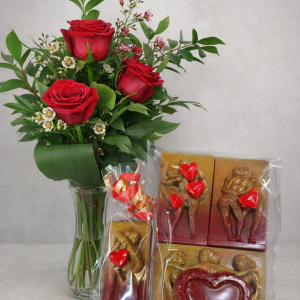 Bouquet de 3 roses rouges et chocolat Kamasutra