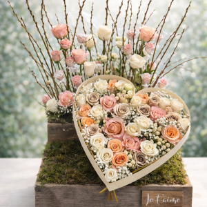 Montage funéraire, en douceur avec 1 cœur en fleurs et fleurs en chocolats