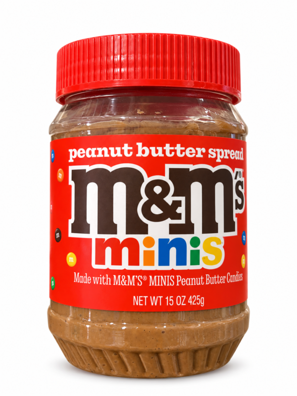 Pot de tartinade au beurre d’arachide M&M’s minis 425 g sur fond blanc
