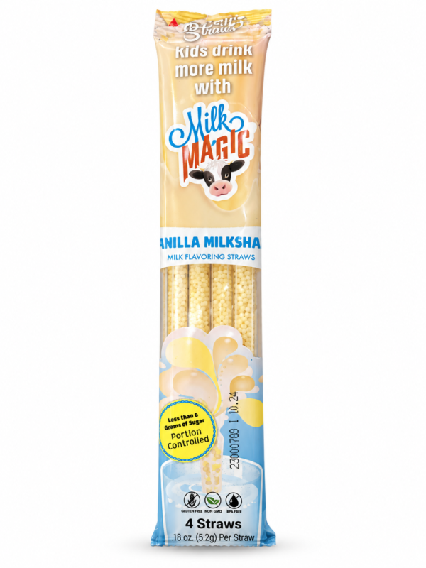 Pailles aromatisées Milk Magic à la vanille, paquet de 4, sur fond blanc
