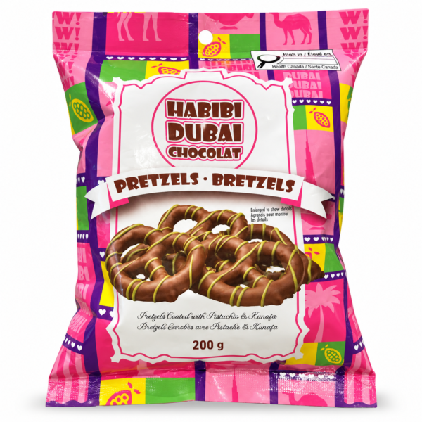 Sachet Habibi Dubai Chocolat bretzels pistache et Kunafa 200 g sur fond blanc