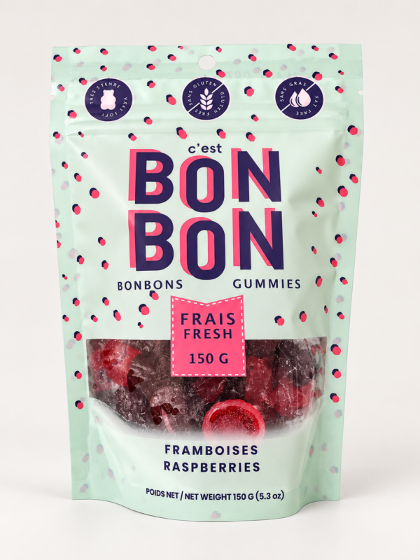 Bon bon Framboises 150 g sur fond pâle