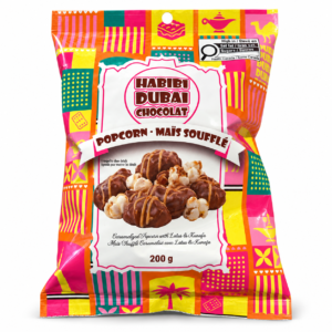 Sachet Habibi Dubai Chocolat maïs soufflé caramélisé Lotus et Kunafa 200 g sur fond blanc