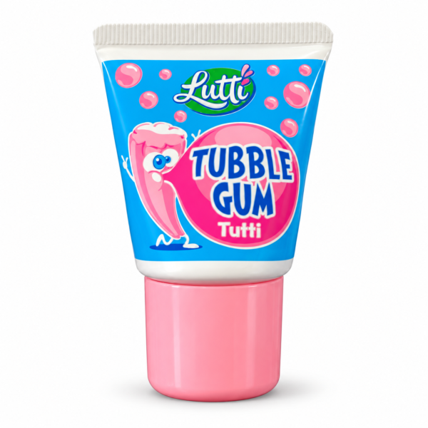 Tube Lutti Tubble Gum Tutti avec bouchon rose sur fond blanc