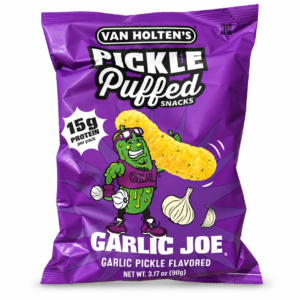 Sachet Van Holten’s Pickle Puffed Garlic Joe sur fond blanc