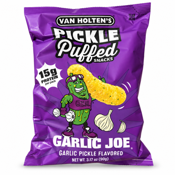 Sachet Van Holten’s Pickle Puffed Garlic Joe sur fond blanc