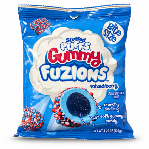 Sachet Stuffed Puffs Gummy Fuzions Mixed Berry sur fond blanc