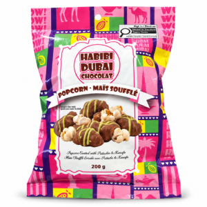 Sachet Habibi Dubai Chocolat maïs soufflé pistache et Kunafa 200 g sur fond blanc