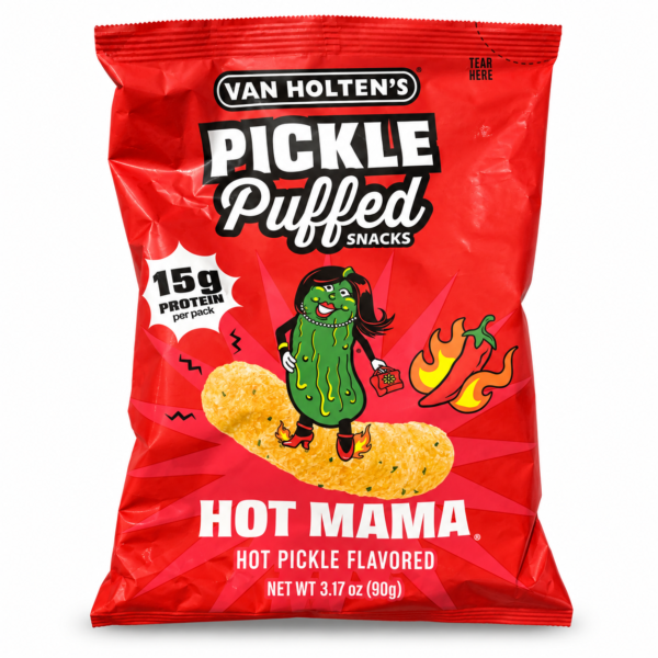 Sachet Van Holten’s Pickle Puffed Hot Mama sur fond blanc