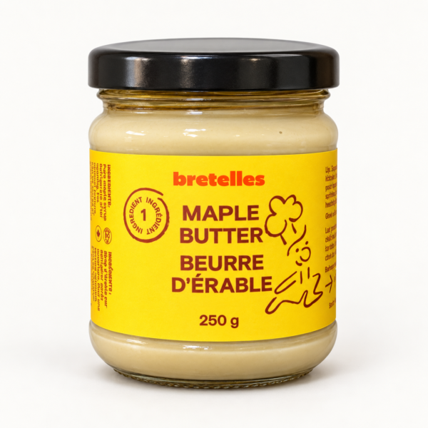 Pot de beurre d’érable Bretelles 250 g sur fond pâle