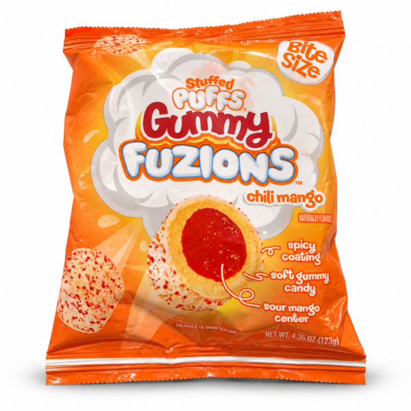 Sachet Stuffed Puffs Gummy Fuzions Chili Mango sur fond blanc