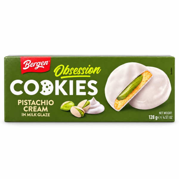 Boîte Bergen Obsession Cookies à la pistache sur fond blanc