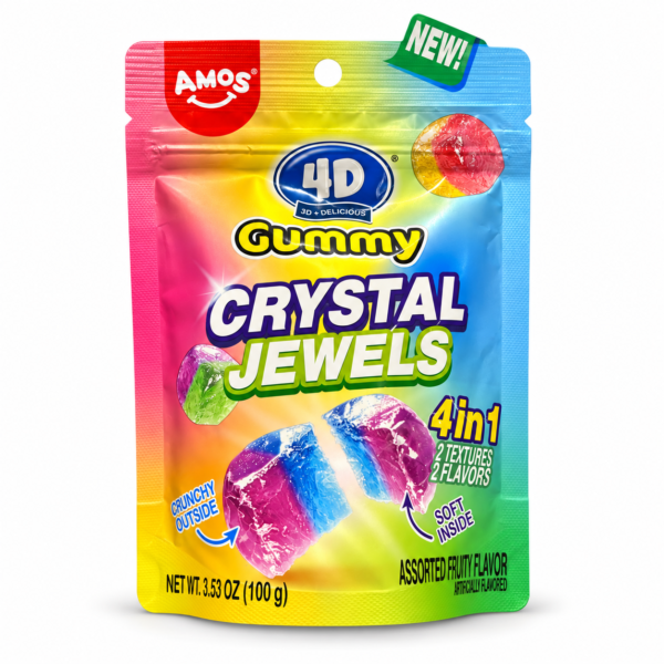 Sachet Amos 4D Gummy Crystal Jewels 100 g sur fond blanc
