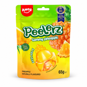 Sachet AMOS Peelerz Gummy pineapple 65 g sur fond blanc