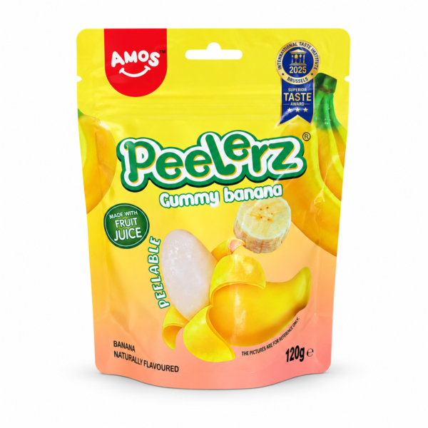 Sachet AMOS Peelerz Gummy banana 120 g sur fond blanc