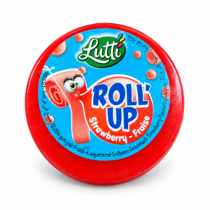 Bonbon Lutti Roll’Up à la fraise dans son emballage sur fond blanc