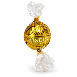 Truffe Lindt Lindor chocolat blanc, emballage doré sur fond blanc