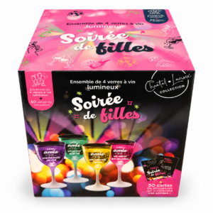 Coffret Soirée de filles de Chantal Lacroix : quatre verres à vin lumineux et 50 cartes de discussion